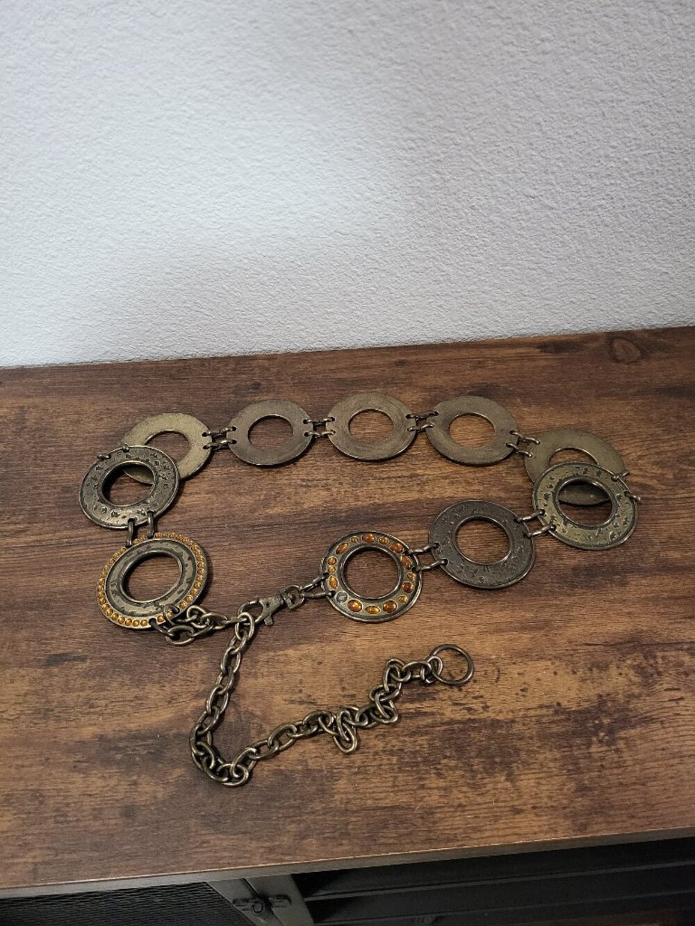 Boho Antique Brass Disc Chain Belt Amber Stones Adjustable Statement